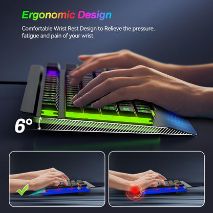 Acebaff Large Print Rainbow Backlit Gaming Keyboard, Wired USB Light Up Computer Keyboard with Big Letters Keys,12 Multimedia Keys, Wrist Rest, All-Metal Panel,Full Size Keyboard, for PC,Laptop - amzGamess