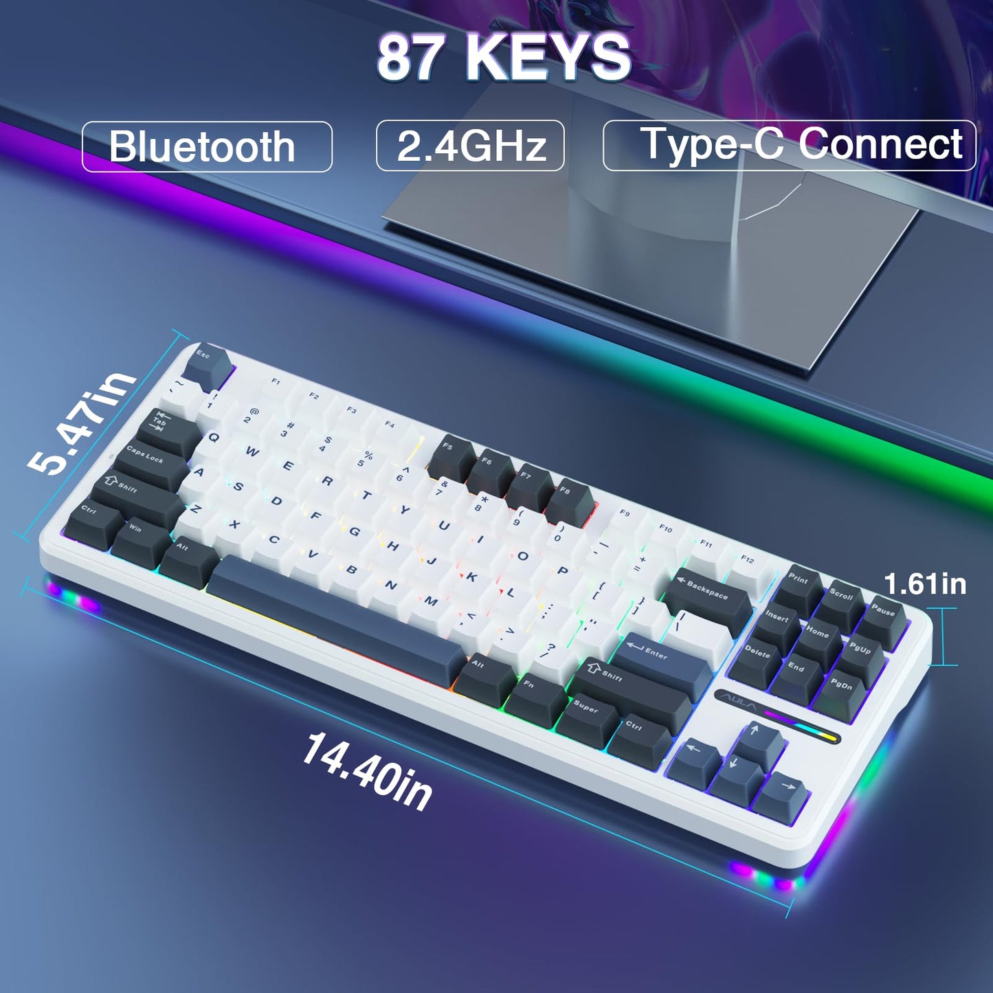 AULA F87 Wireless Mechanical Keyboard,75% TKL Gasket Custom Hot Swappable Keyboard,2.4Ghz/Type-C/Bluetooth Gaming Keyboard,Pre-lubed Greywood Switch RGB Backlit Keyboard for WINS/PC/Mac (White & Blue)