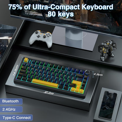 AULA F75 75% Wireless Mechanical Keyboard,Gasket Hot Swappable Custom Keyboard,Pre-lubed Greywood Switches RGB Backlit Gaming Keyboard,2.4GHz/Type-C/Bluetooth Keyboard (Cool Black)