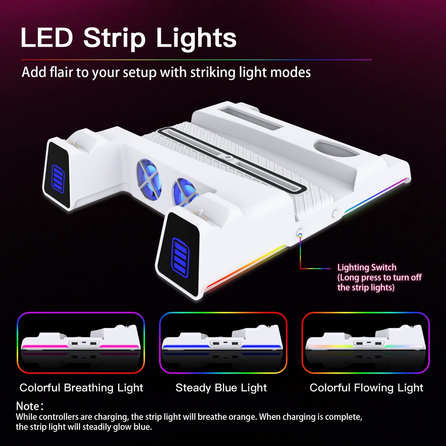 NexiGo PS5 Slient Cooling Stand with RGB LED Light, Dual Charging Station Compatible with DualSense Edge Controller, Hard Drive Slot, Headset and Remote Holders, 10 Game Slots, White - amzGamess