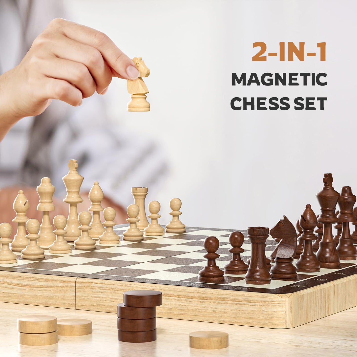 Magnetic Chess Set with Checkers - Meuzhen 16" Wooden Chess Board Game Travel Chess for Adults & Kids, Gift for Men Women, Chess Gift Toys for Boys Girls 4-8-12