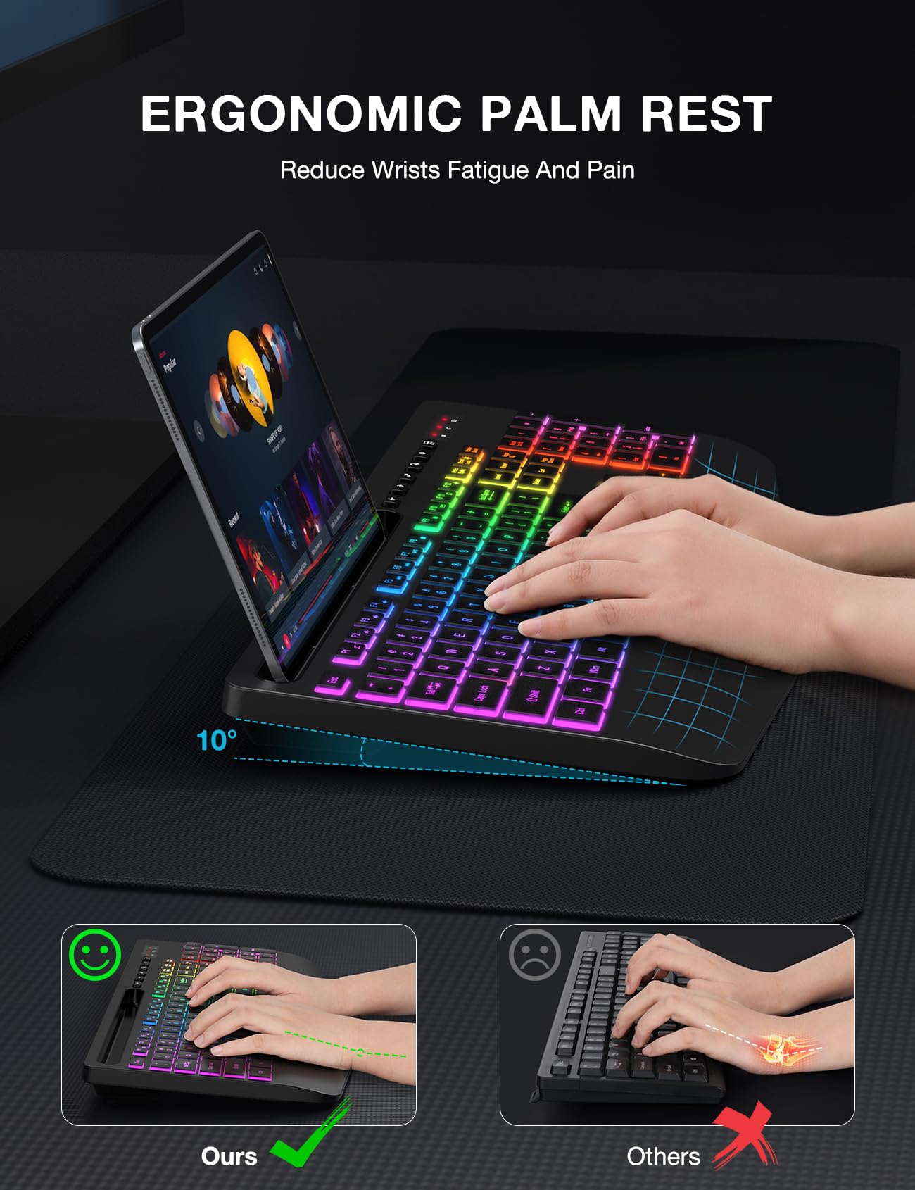 SABLUTE Wireless Keyboard with 8 Colors & 9 Effects Backlit, Wrist Rest, Phone Holder, Rechargeable Ergonomic Computer Keyboards, Full Size Silent 2.4G Cordless Keyboard for PC, Laptop, Mac, Windows