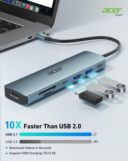 Acer USB C Hub, 7 in 1 USB C to HDMI Splitter, 2 USB 3.1 GEN1 and 5Gbps Type-C Data Port, 4K HDMI Port, PD 100W Charging, SD Card Reader, for iPad Pro MacBook Pro Acer Laptops and More