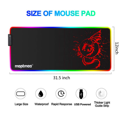RGB Gaming Mouse Pad Anime Dragon Mousepad Mat LED with 15 Lighting Modes for Computer 31.5 X 12 Inch (Red) - amzGamess