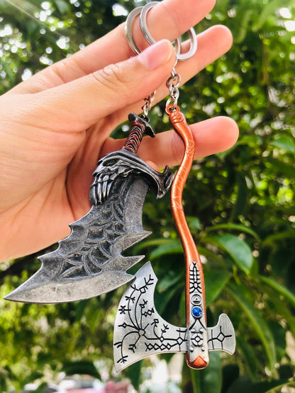 Mullike Game GOW Leviathan Axe Keychain Kratos Blades of Chaos Cosplay Metal Keychain Christmas Gifts for Men Teens Game Fan (2pcs Gow Keychain) - amzGamess