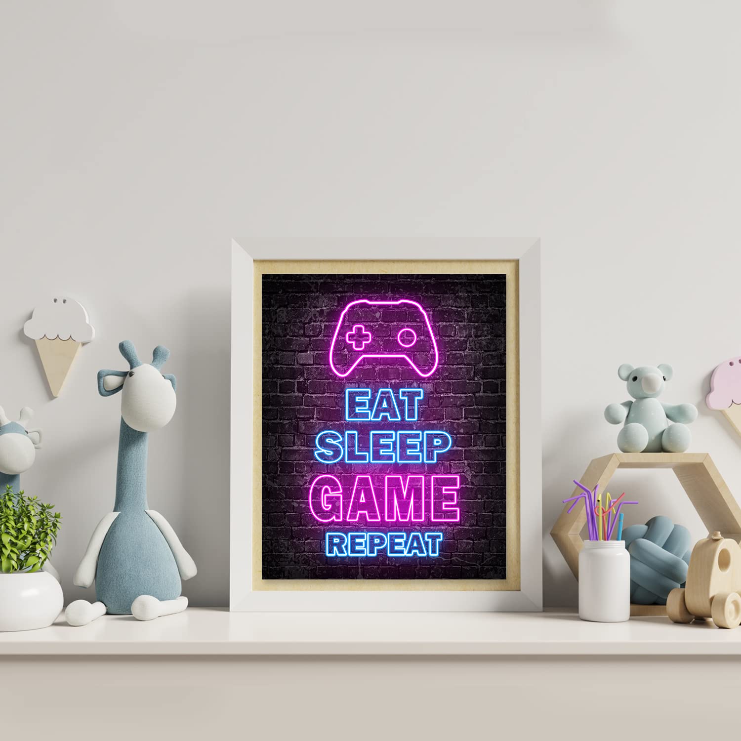 Printed Neon Gaming Posters Set of 4 (8”X 10”), Boys Room Decorations for Bedroom,Video Game Wall Art,Gamer, Teen boy bedroom, game room, No Frames - amzGamess