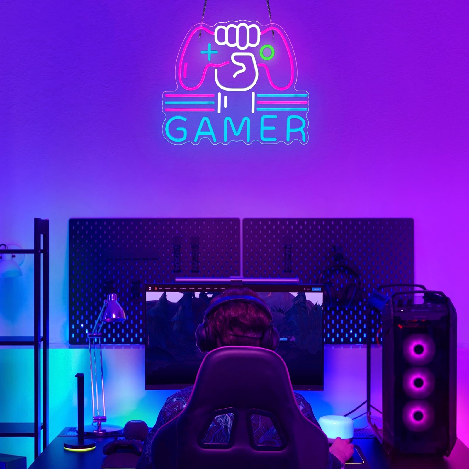 Gamer Neon Sign, Bright and Dimmable Large Colorful Neon Light for Gaming Video Room Bedroom Wall Decor, USB Powered LED Game Room Night Lights Gift for Boys Teen Kids Gamers(15.4X12.6") (Gamer) - amzGamess