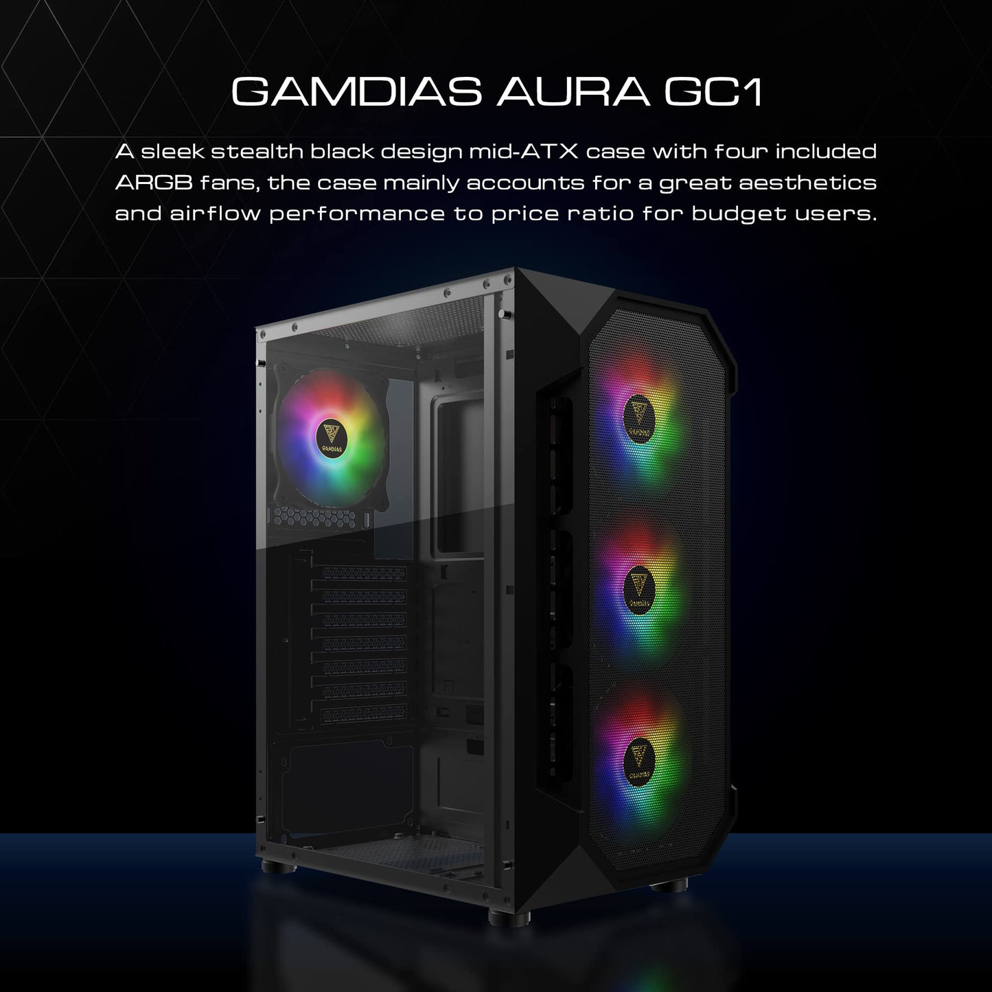 GAMDIAS ATX Mid Tower Gaming Computer PC Case with Side Tempered Glass, 4X 120mm ARGB Case Fans and Sync with 5V RGB Motherboard