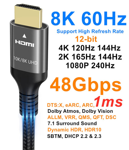 10k 8k 4k HDMI Cable 6.6 FT, Certified 48Gbps 1ms Ultra High Speed HDMI 2.1 Cable 4k 120Hz 144Hz 8k 60Hz 12bit ARC eARC DTS:X Dolby Atmos HDR10 Compatible for Mac Soundbar Gaming PC RTX3090 PS5 4 Xbox