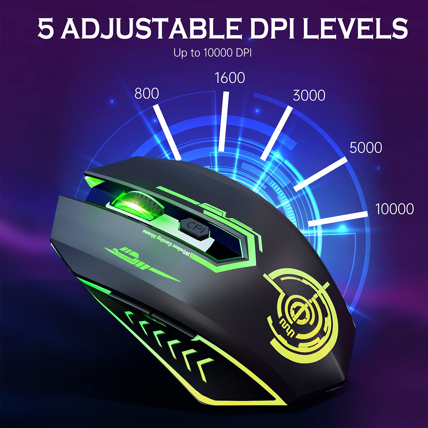 UHURU Wireless Gaming Mouse Up to 10000 DPI, Rechargeable USB Wireless Mouse with 6 Buttons 7 Dynamic LED Color Ergonomic Programmable MMO RPG for PC Laptop, Compatible with Windows Mac - amzGamess