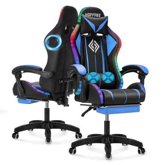 Gaming Chair with Bluetooth Speakers and RGB LED Lights Ergonomic Massage Video Game Chair with Footrest High Back with Lumbar Support Blue and Black