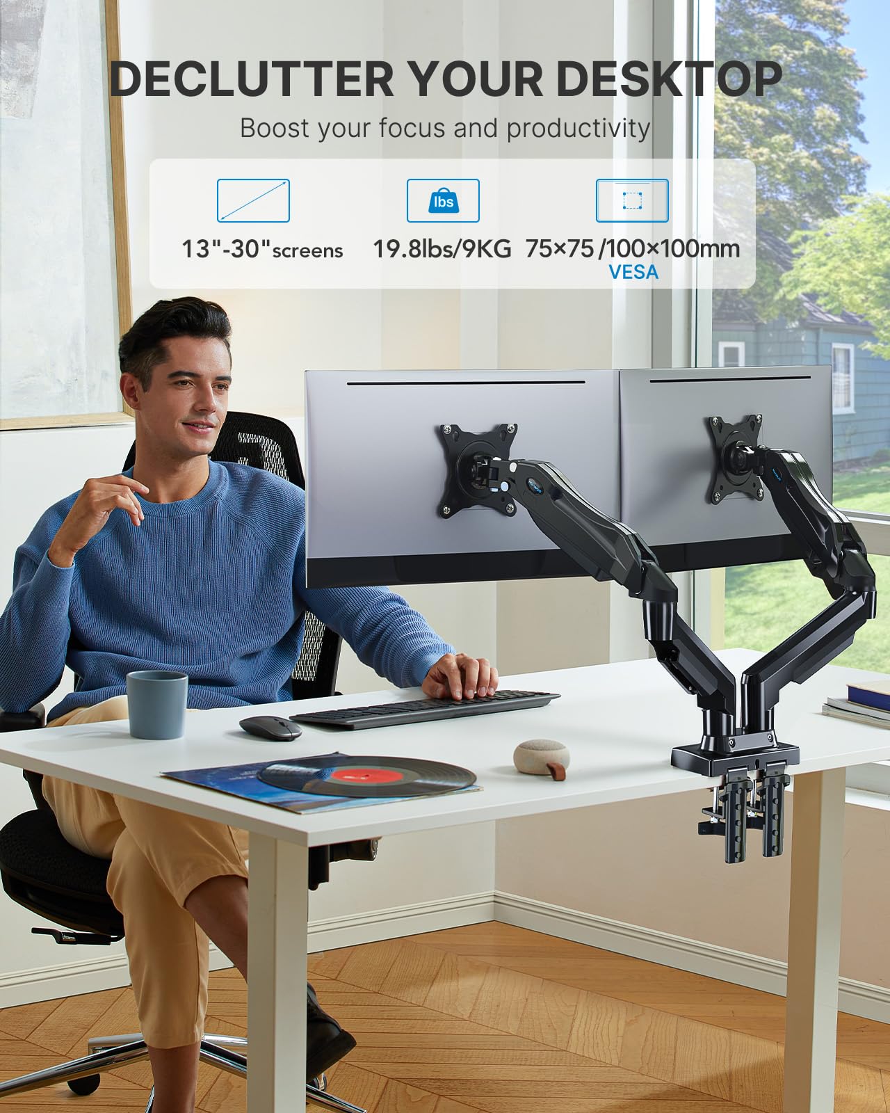 HUANUO Dual Monitor Stand - Adjustable Spring Monitor Desk Mount Swivel Vesa Bracket with C Clamp, Grommet Mounting Base for 13 to 30 Inch Computer Screens - Each Arm Holds 4.4 to 19.8lbs