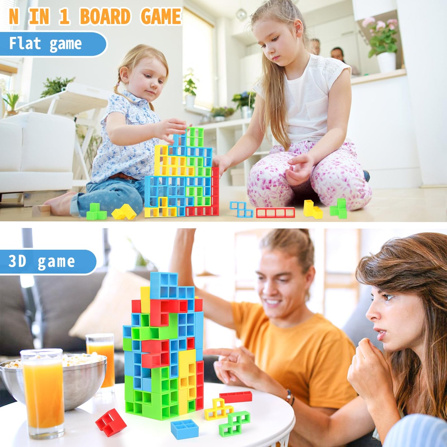BBnote 48 PCS Tetra Tower Game for Adult & Kids, Stack Attack Board Games for Family Travel Party, 2 Players Balance Stacking Toy, Team Toys Building Block - amzGamess