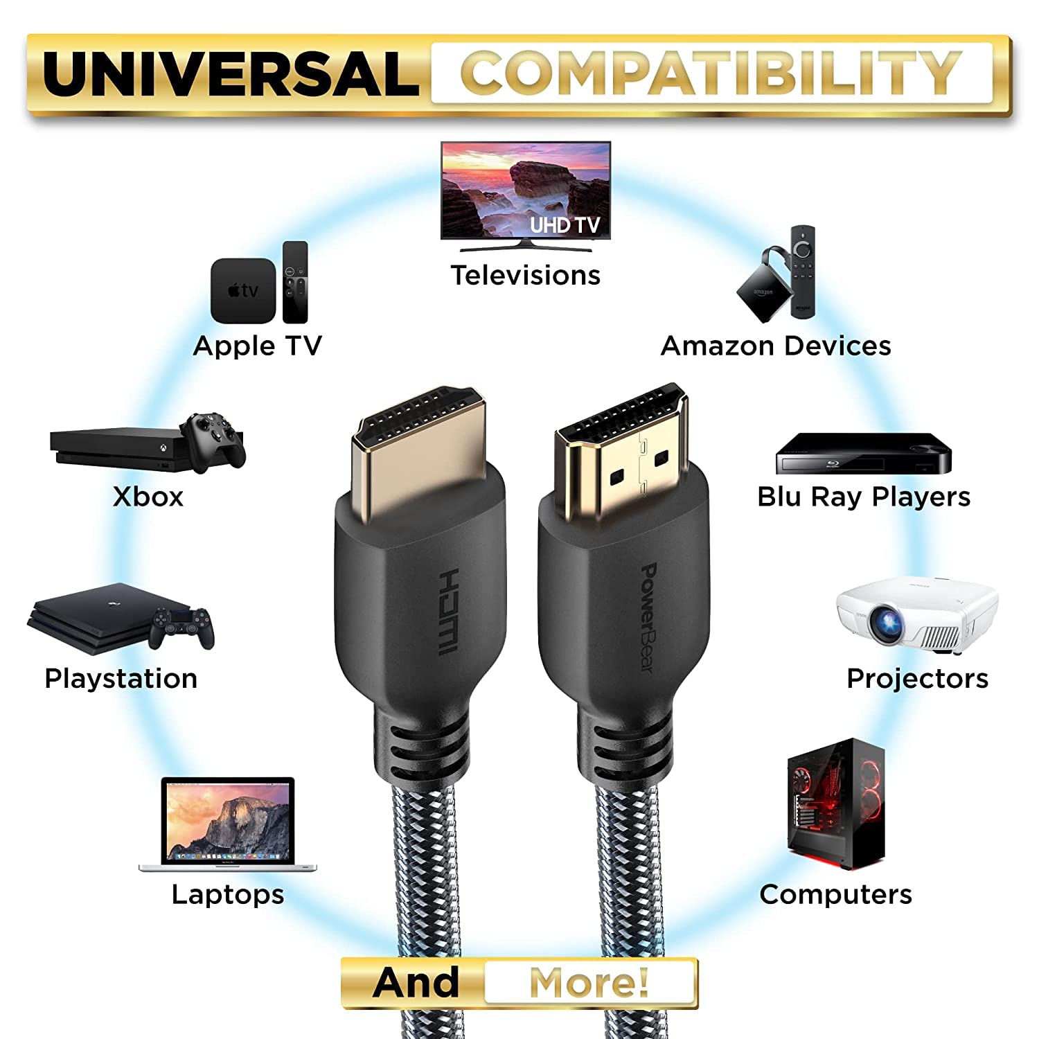 PowerBear 4K HDMI Cable 3 ft | High Speed Hdmi Cables, Braided Nylon & Gold Connectors, 4K @ 60Hz, Ultra HD, 2K, 1080P, ARC & CL3 Rated | for Laptop, Monitor, PS5, PS4, Xbox One, Fire TV, & More - amzGamess
