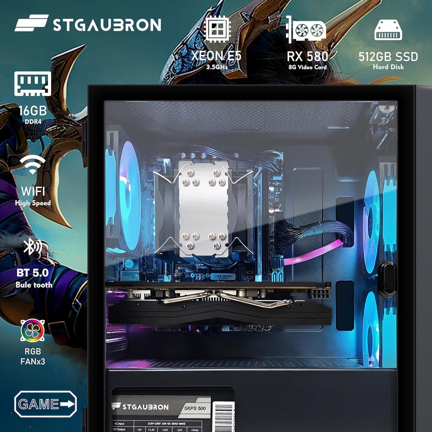 STGAubron-Gaming PC Computer Desktop-RX 580 8GB-Intel i7 Xeon E5 3.5-3.6GHz-16GB RAM-512GB SSD WiFi BT-5.0,W10H64, RGB Fanx3, RGB Keyboard & Mouse & Mouse Pad-Gaming Computer Tower-For Gamer,Streaming