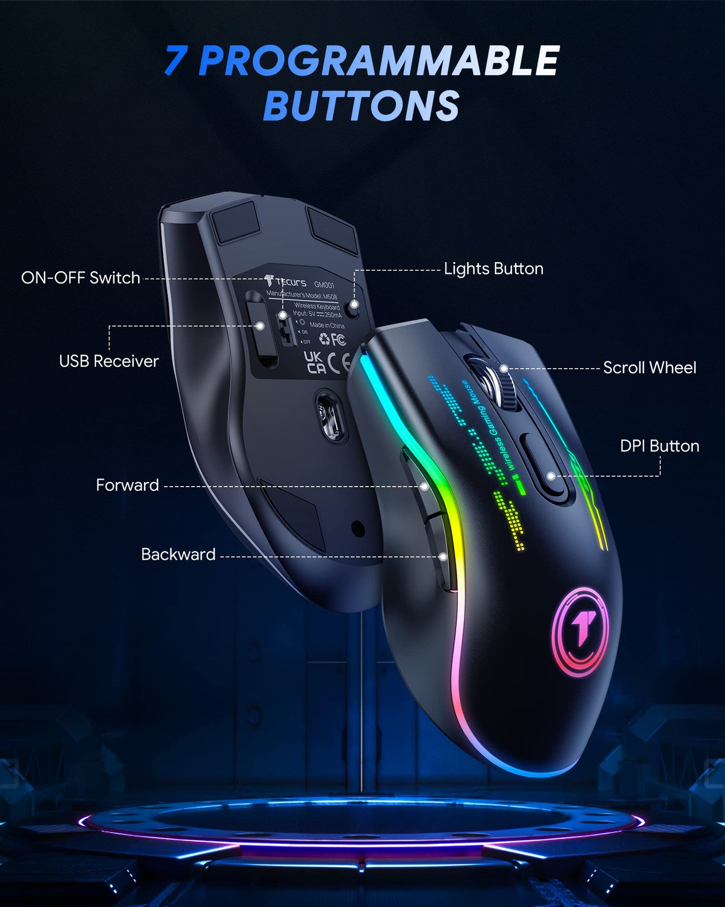 TECURS Gaming Mouse Wireless Gaming Mouse,USB Optical Computer Mouse Mice with 5 LED Lights,Rechargeable Gamer Mouse,4800 DPI for Laptop PC Gamer Desktop Chromebook Mac,Black - amzGamess