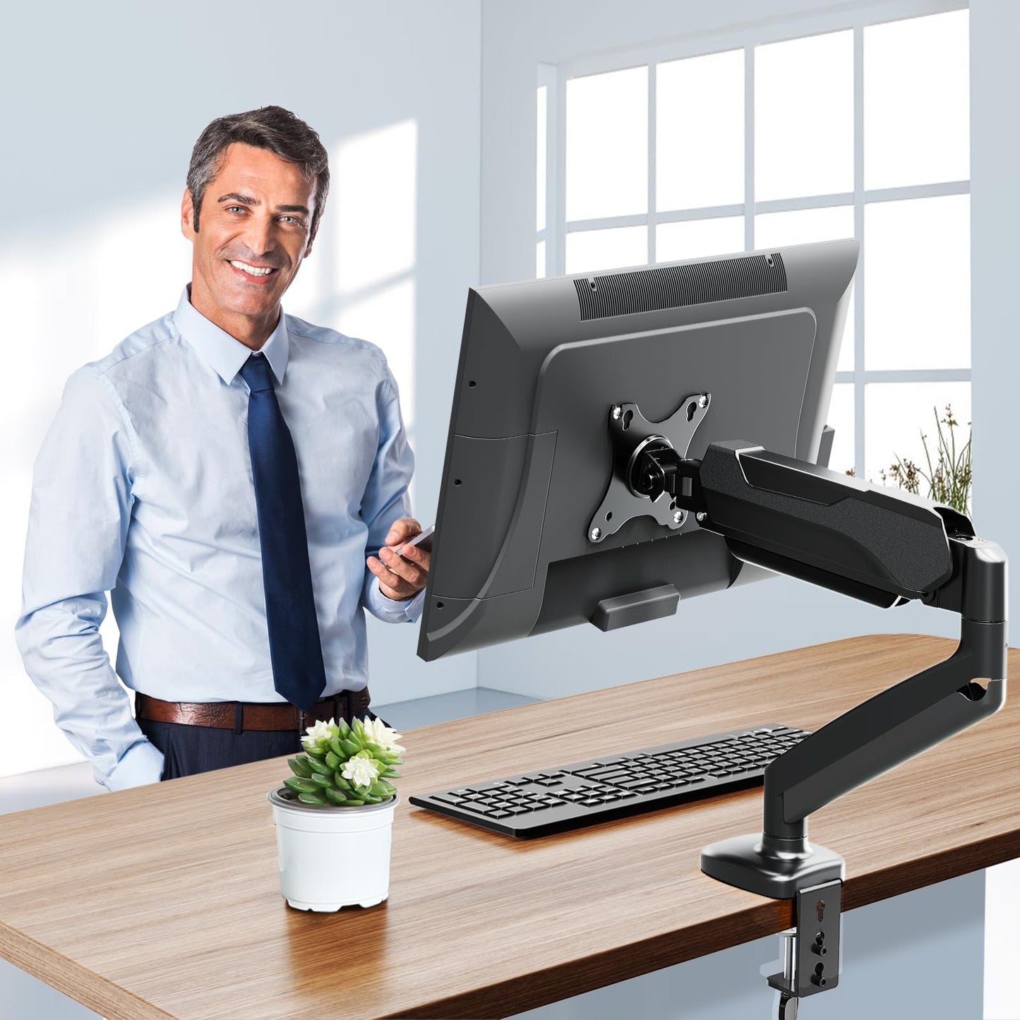 MOUNTUP Single Monitor Desk Mount, Adjustable Gas Spring Monitor Arm Support Max 32 Inch, 4.4-17.6lbs Screen, Computer Monitor Stand Holder with Clamp/Grommet Mounting Base, VESA Mount Bracket, Black