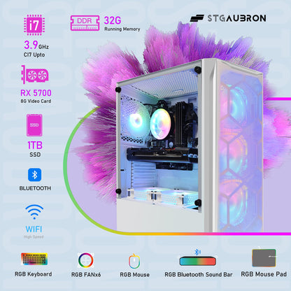 STGAubron Gaming Desktop PC, Intel Core i7 3.4G up to 3.9G, 32G RAM, 1T SSD, Radeon RX 5700 8G GDDR6, 600M WiFi, BT 5.0, RGB Fan x 6, RGB Keyboard & Mouse & Mouse Pad, RGB BT Sound Bar, W10H64