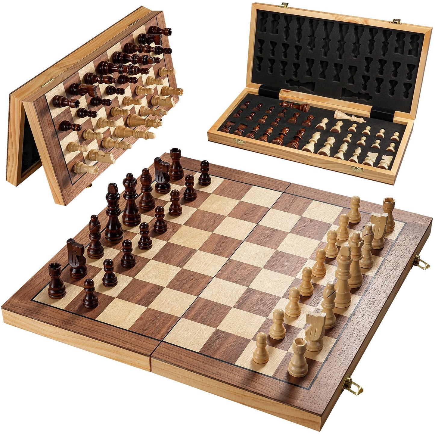 Magnetic Chess Board Set for Adults & Kids, 15" Wooden Folding Chess Boards, Handcrafted Portable Travel Chess Game with Pieces Storage Slots