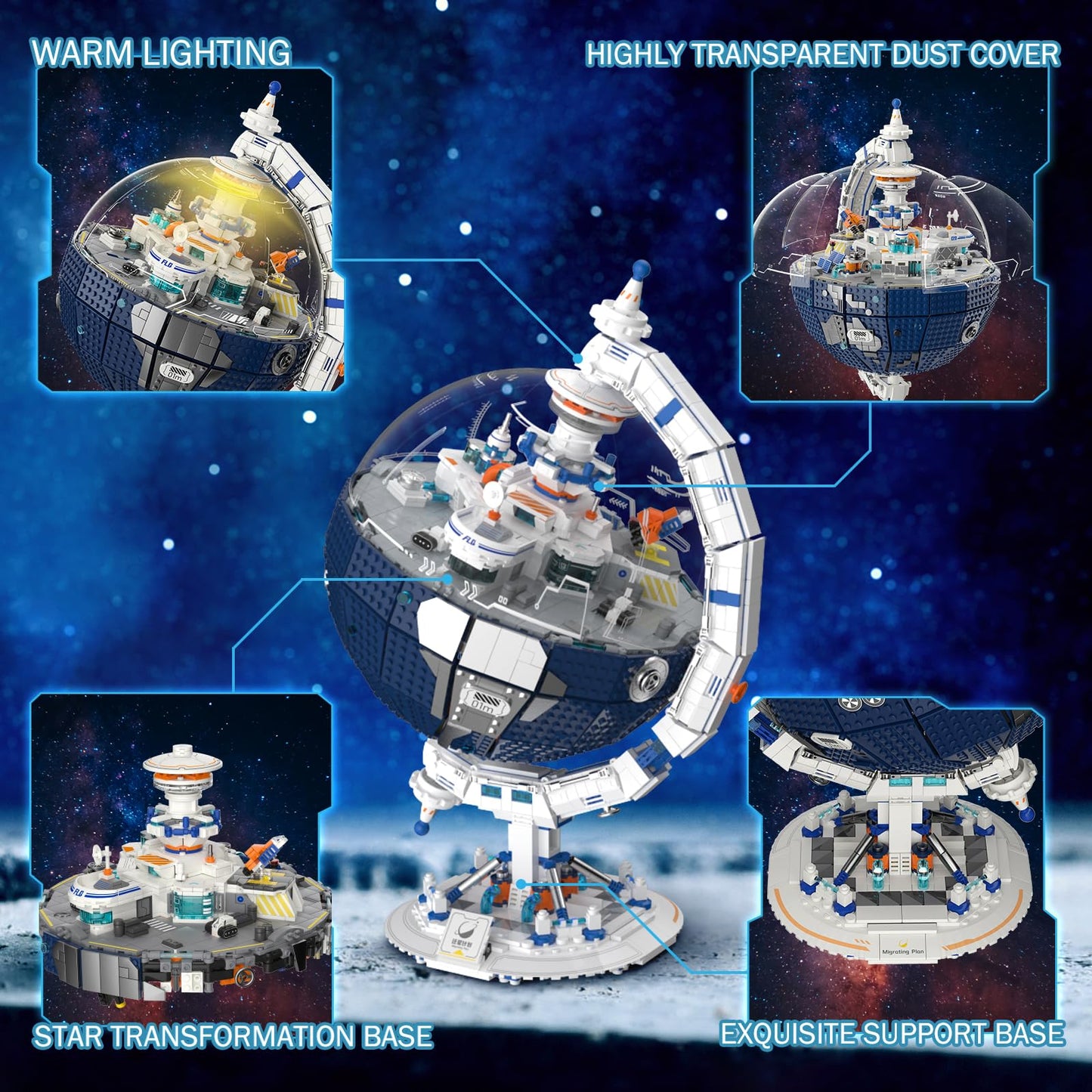JMBricklayer Space Planet Immigration Station Building Blocks Kits for Adults 70006, 360° Rotating Sphere Block with Lights, Collectible World Globe Model, Gift Idea for Collectors Kids and Space Fans