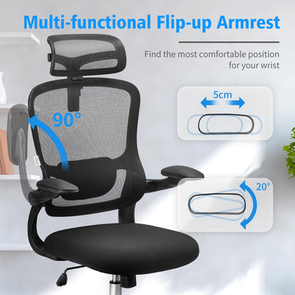 Office Chair with Headrest, Ergonomic Desk Chair with Flip-up 3D Armrest, Lumbar Support Computer Chair, Adjustable Height and 360° Rotation Home Chair (Style 1)