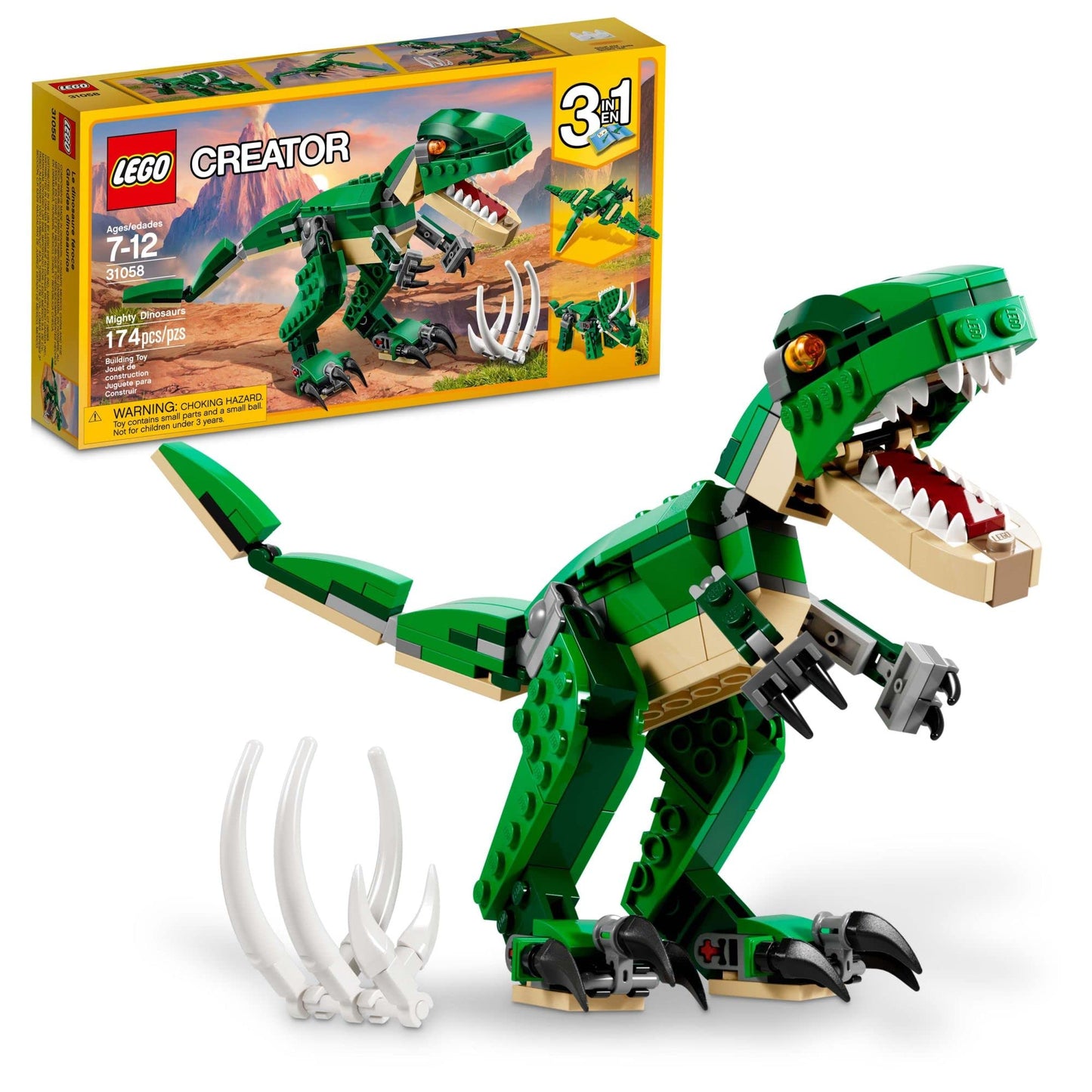 LEGO Creator 3 in 1 Mighty Dinosaur Toy, Transforms from T. rex to Triceratops to Pterodactyl Dinosaur Figures, Great Gift for 7-12 Year Old Boys & Girls, 31058
