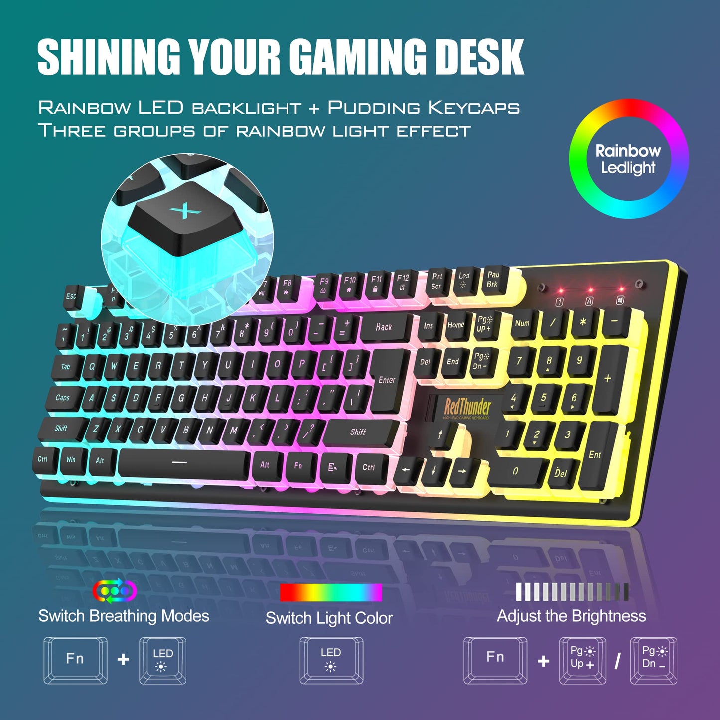 RedThunder K10 Wireless Gaming Keyboard and Mouse Combo, RGB Backlit Rechargeable 3800mAh Battery, Mechanical Feel Anti-ghosting Keyboard with Pudding Keycaps + 7D 3200DPI Mice for PC Gamer (Black) - amzGamess