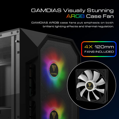 GAMDIAS ATX Mid Tower Gaming Computer PC Case with Side Tempered Glass, 4X 120mm ARGB Case Fans and Sync with 5V RGB Motherboard