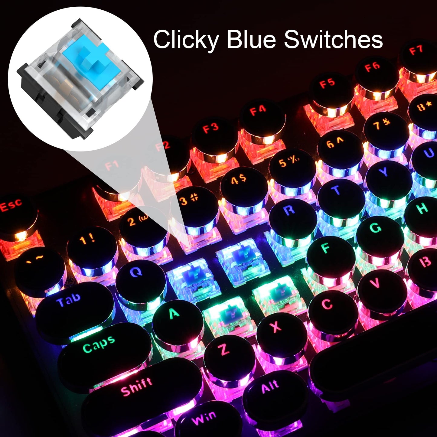 Camiysn Typewriter Style Mechanical Gaming Keyboard, Black Retro Punk Gaming Keyboard with RGB Backlit, 104 Keys Blue Switch Wired Cute Keyboard, Round Keycaps for Windows/Mac/PC - amzGamess