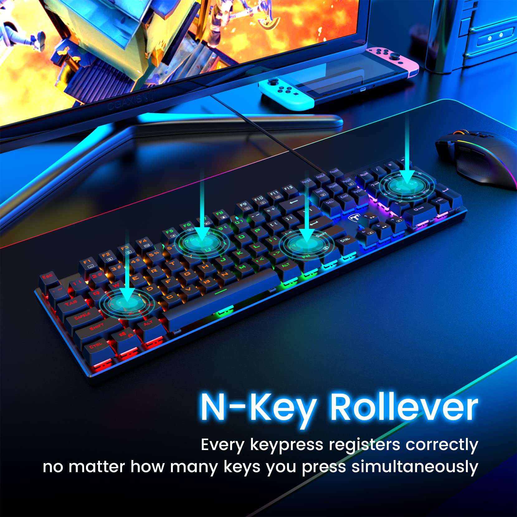 RisoPhy Mechanical Gaming Keyboard, RGB 104 Keys Ultra-Slim LED Backlit USB Wired Keyboard with Blue Switch, Durable Abs Keycaps/Anti-Ghosting/Spill-Resistant Computer Keyboard for PC Mac Xbox Gamer - amzGamess