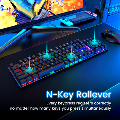 RisoPhy Mechanical Gaming Keyboard, RGB 104 Keys Ultra-Slim LED Backlit USB Wired Keyboard with Blue Switch, Durable Abs Keycaps/Anti-Ghosting/Spill-Resistant Computer Keyboard for PC Mac Xbox Gamer - amzGamess