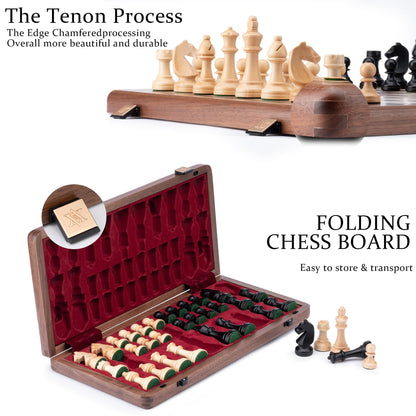 A&A 15 inch Wooden Folding Chess Set w/ 3 inch King Height Staunton Chess Pieces / 2 Extra Queens - Natural Walnut Wood w/Storage Bag