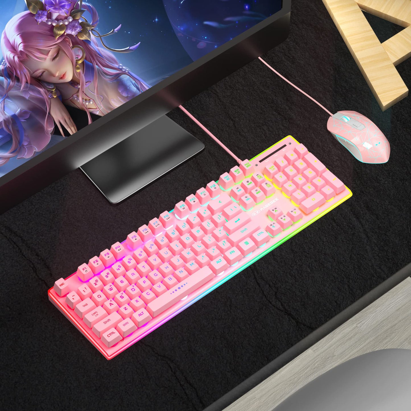 MageGee Gaming Keyboard and Mouse Combo, True RGB Backlit Membrane Office Keyboard Mouse, 104 Keys Anti-Ghosting Metal Panel Quiet Wired Keyboard for Windows Laptop PC Gamer- Pink - amzGamess
