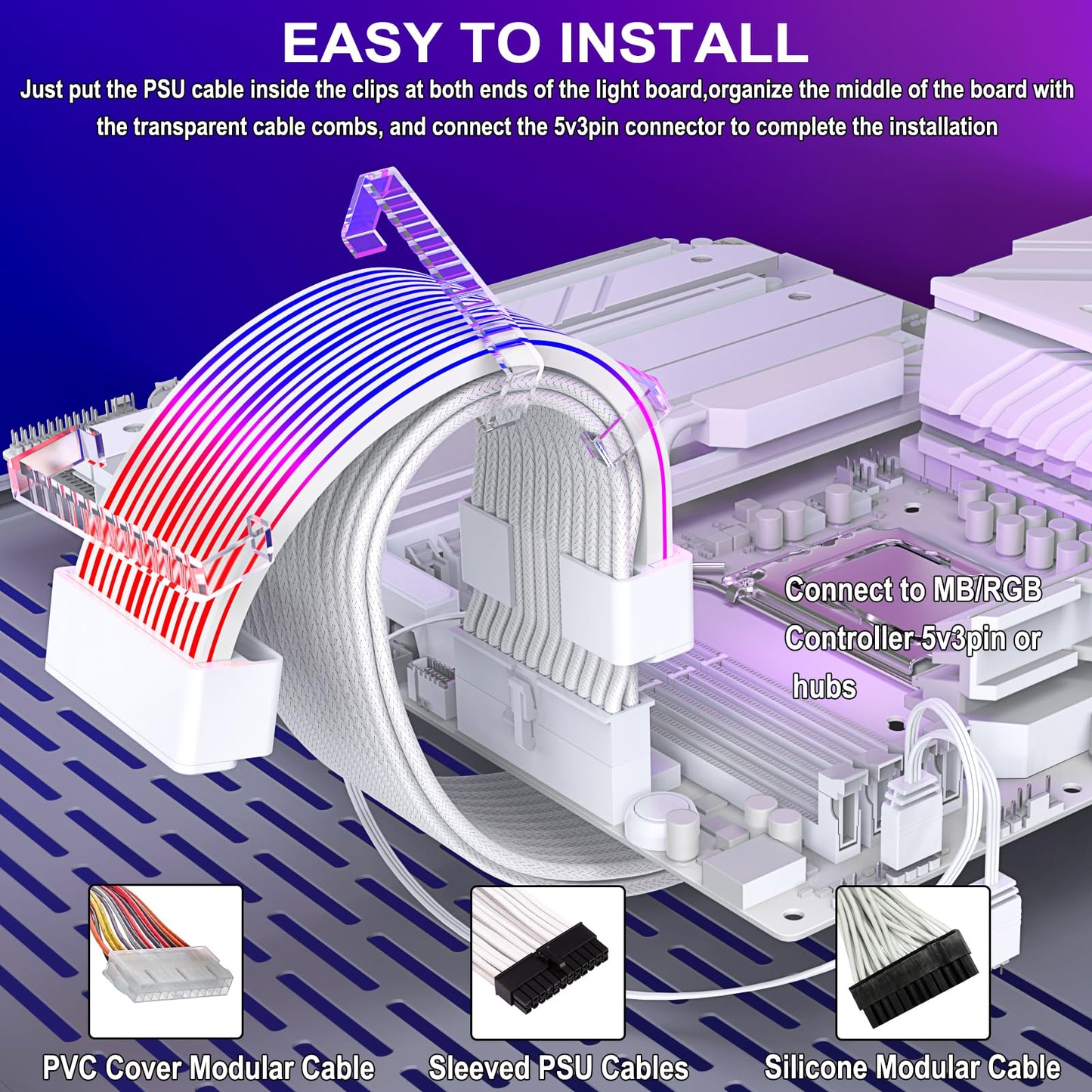 Sirlyr PC RGB Strips,Addressable ARGB Strip Compatible 24Pin Motherboard Extension Cable PSU Cables,5V3Pin SYNC for Computer Cases Build 8In