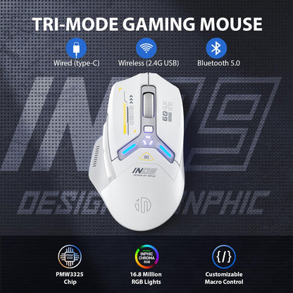 INPHIC IN9 Wireless Gaming Mouse, True Tri-Mode Bluetooth/Type-CWired/2.4G Wireless Mouse, 10000 DPl, Fully Programmable, RGB Backlit, Rechargeable Wireless Computer Mouse for Laptop PC Mac-White-Gray