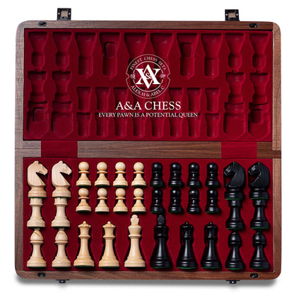 A&A 15 inch Wooden Folding Chess Set w/ 3 inch King Height Staunton Chess Pieces / 2 Extra Queens - Natural Walnut Wood w/Storage Bag