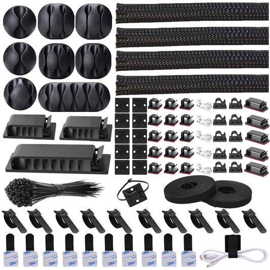 N NOROCME 192 PCS Cable Management Kit 4 Wire Organizer Sleeve,11 Cable Holder,35Cord Clips 10+2 Roll Cable Organizer Straps and 100 Fastening Cable Ties for Computer TV Under Desk, black,clear - amzGamess