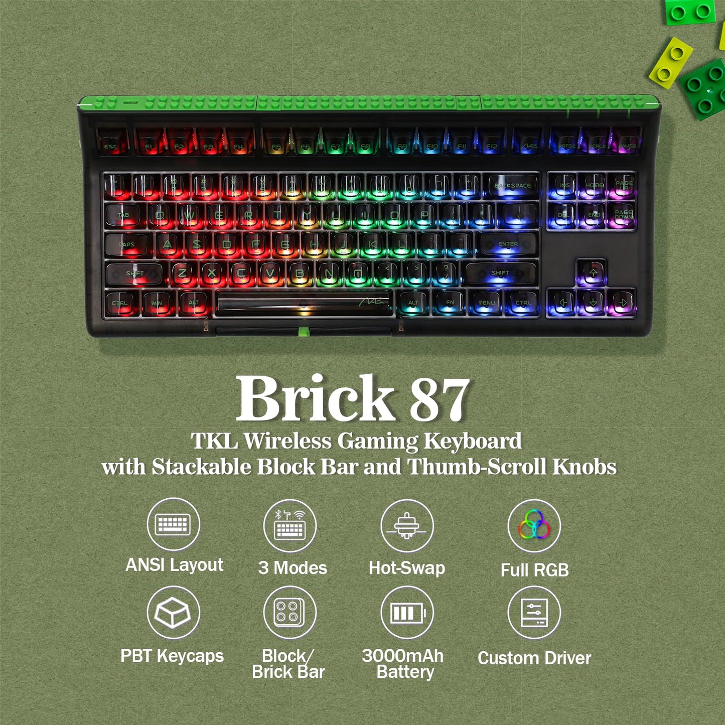 EPOMAKER Brick 87 Tri-Mode TKL Hot Swappable Mechanical Keyboard with Stackable Block Bar and Thumb-scroll Knobs, 3000mAh Battery, RGB, Compatible with Win/Mac (Clear Black, Flamingo Switch)