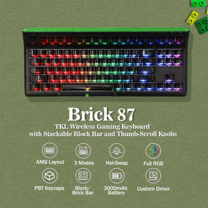 EPOMAKER Brick 87 Tri-Mode TKL Hot Swappable Mechanical Keyboard with Stackable Block Bar and Thumb-scroll Knobs, 3000mAh Battery, RGB, Compatible with Win/Mac (Clear Black, Flamingo Switch)