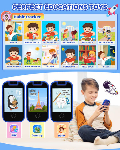 UCIDCI Kids Smartphone Toys Gifts for Boys Ages 3-7, Touchscreen Fake Phone Music Games Player with 180° Rotatable Camera, Pretend Play Learning Toys Birthday for 3 4 5 6 7 8 Boy