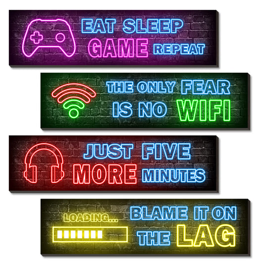 4 Pcs Printed Neon Gaming Posters, Teen Boys Room Decorations, gamer wall art Decor for bedroom Wooden - amzGamess