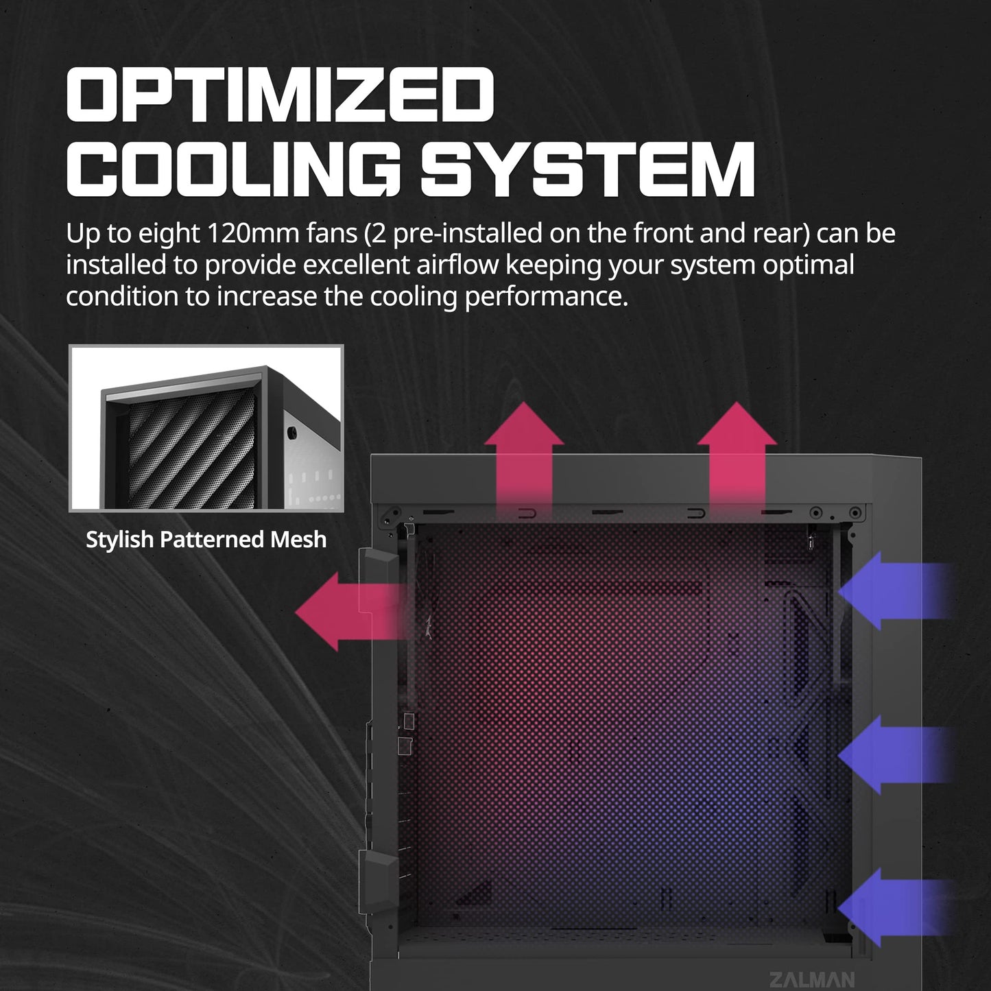 Zalman T7 Compact Mid-Tower PC Computer Case - 2 x 120mm Fans Preinstalled - Patterned Mesh Front Panel - Tinted Acrylic Side Panel - USB 3.0, Black