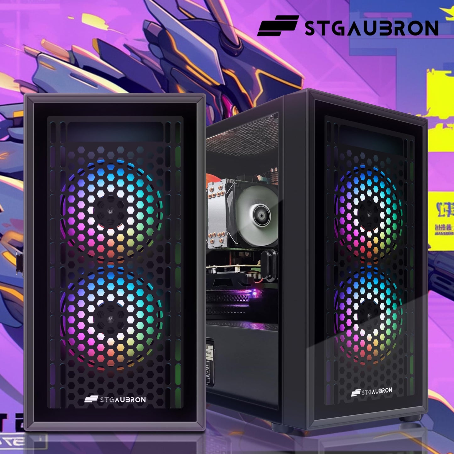 STGAubron Gaming Desktop PC, Intel Xeon E5 3.0G, Radeon RX 550 4G GDDR5, 16G Ram, 512G SSD, 600M WiFi, BT 5.0, RGB Fan x 3, RGB Keyboard & Mouse & Mouse Pad, W10H64
