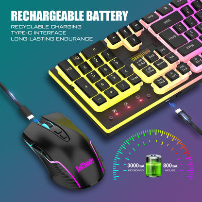 RedThunder K10 Wireless Gaming Keyboard and Mouse Combo, RGB Backlit Rechargeable 3800mAh Battery, Mechanical Feel Anti-ghosting Keyboard with Pudding Keycaps + 7D 3200DPI Mice for PC Gamer (Black) - amzGamess