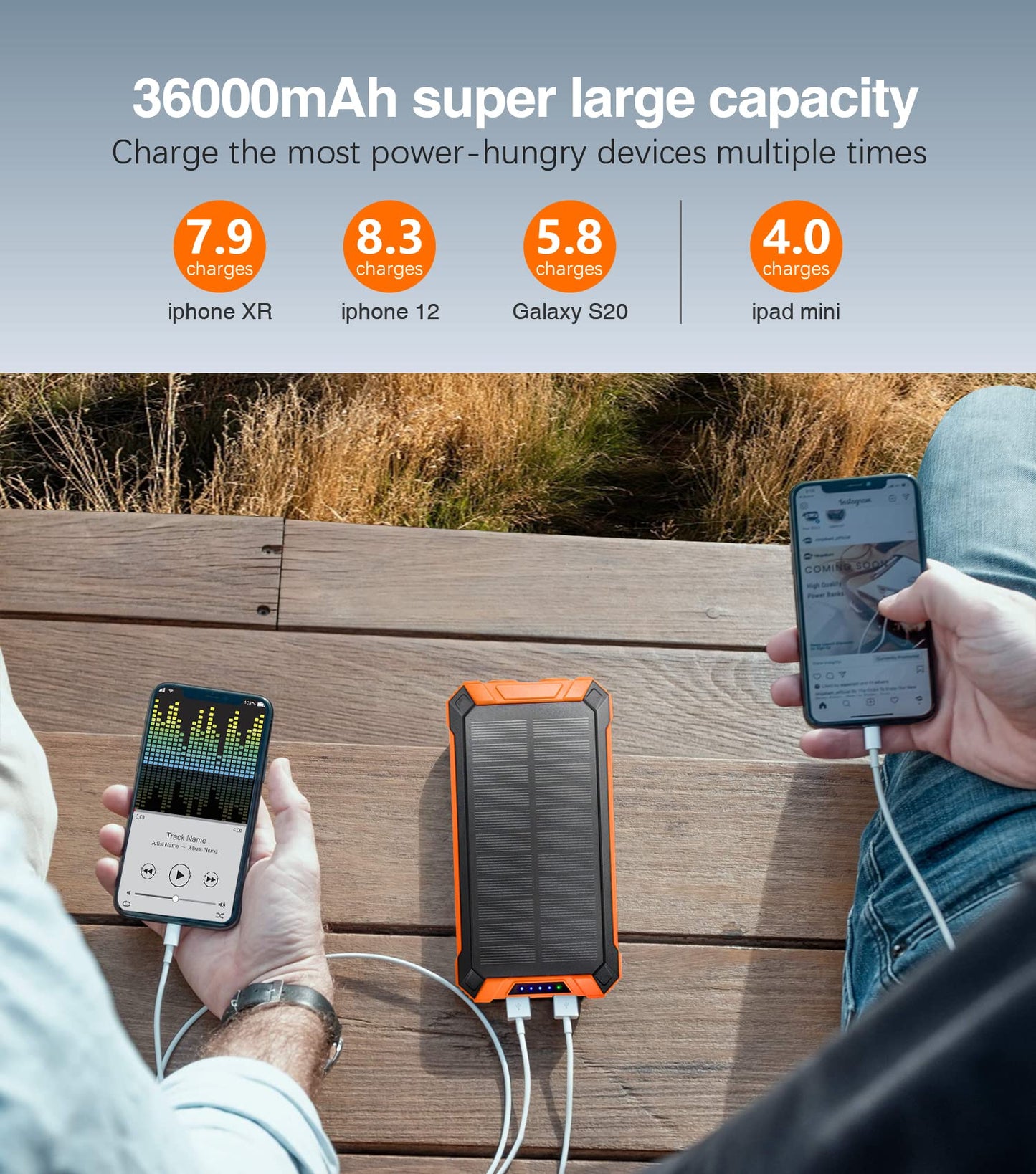 GOODaaa Power Bank Wireless Charger 36000mAh Built in 4 Cables Six Outputs 15W Fast Charging Power Bank for All Mobile Devices Three Inputs Solar Portable Charger with Dual Flashlights, Carabiner