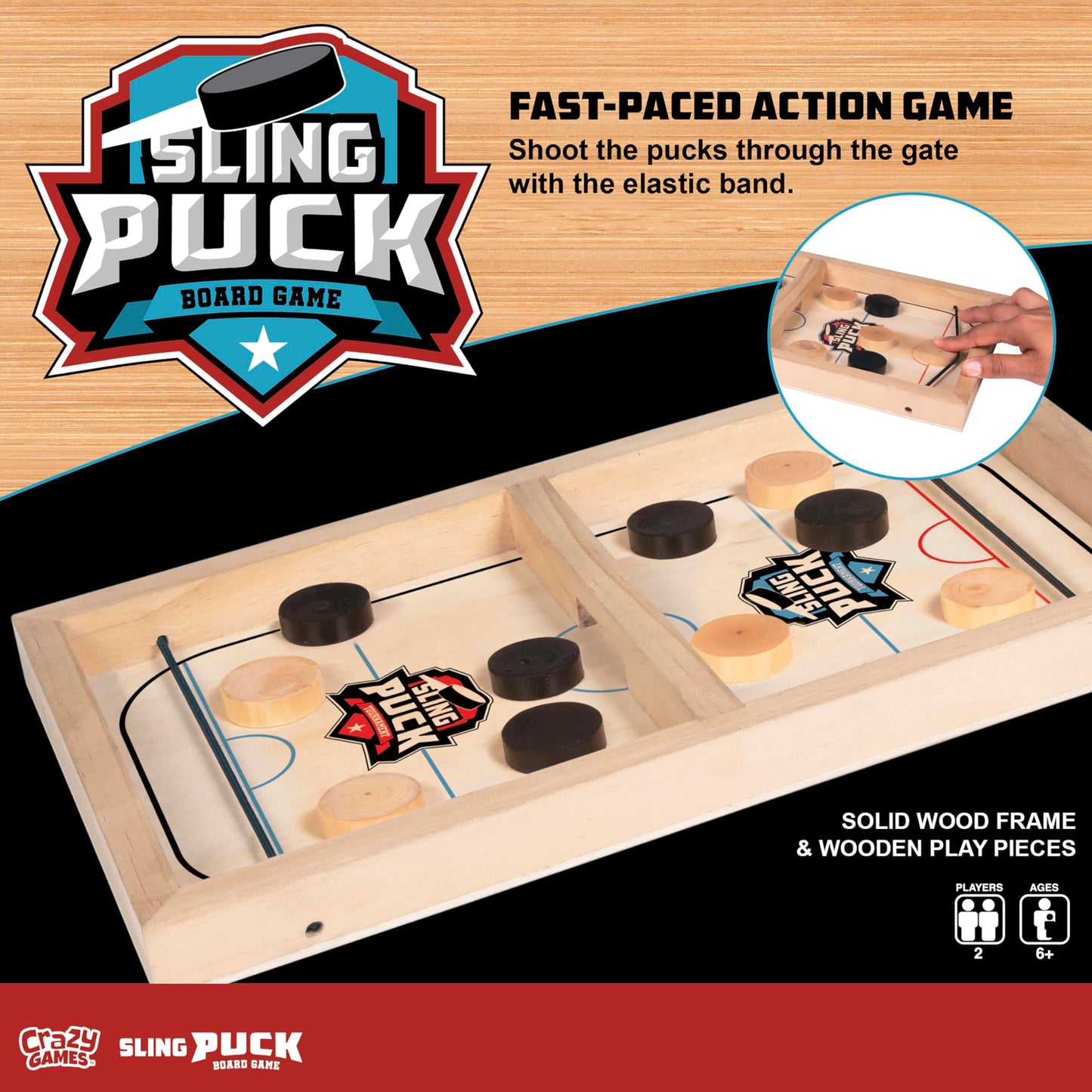 Crazy Games Fast Sling Puck Board Game I 14" Small Wooden Family Games, Table Top Hockey Game for Adults & Kids, Competitive Game Ideal for Parties - amzGamess
