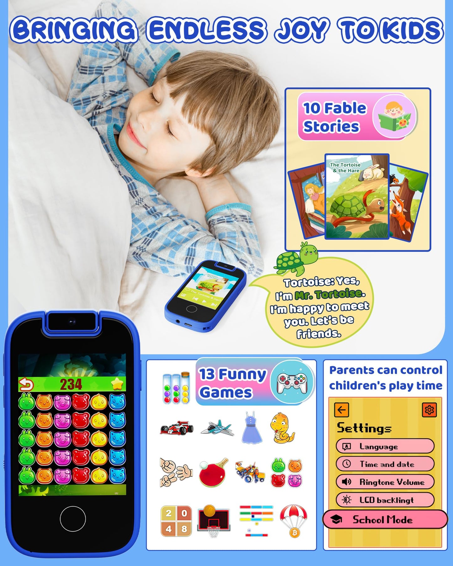 UCIDCI Kids Smartphone Toys Gifts for Boys Ages 3-7, Touchscreen Fake Phone Music Games Player with 180° Rotatable Camera, Pretend Play Learning Toys Birthday for 3 4 5 6 7 8 Boy