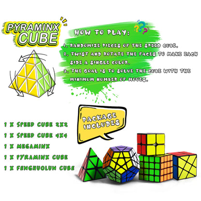 Speed Cube Set, Puzzle Cube, Magic Cube 2x2 4x4 Pyraminx Pyramid Megaminx Fenghuolun Puzzle Cube Toy Gift for Children Adults, Pack of 5 - amzGamess