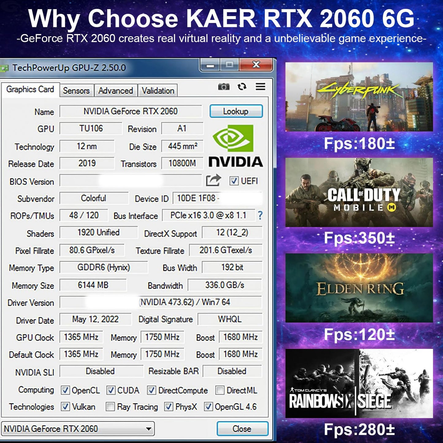 KAER Gaming GeForce RTX 2060 6GB GDRR6 192-Bit PC Graphics Card HDMI/DP/DVI 1680MHz Dual Fans ray-tracing Video Card - amzGamess