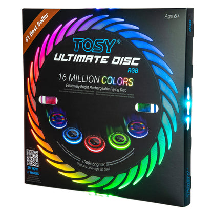 TOSY Flying Disc - 16 Million Color RGB or 36 or 360 LEDs, Extremely Bright, Smart Modes, Auto Light Up, Rechargeable, Perfect Birthday & Camping Gift for Men/Boys/Teens/Kids, 175g frisbees